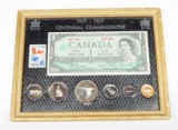 CANADA - 1967 UNCIRCULATED COINS, CURRENCY & STAMP in FRAME