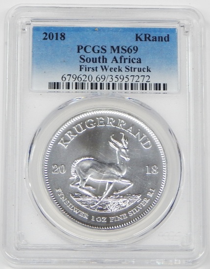 SOUTH AFRICA - 2018 1 OZ SILVER KRUGERRAND - PCGS MS69 - FIRST WEEK STRUCK