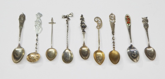 NINE (9) OLD STERLING SILVER SOUVENIR SPOONS - 2.42 TROY OUNCES TOTAL