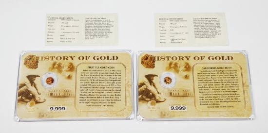 TWO (2) .5 GRAM 14k GOLD "HISTORY of GOLD" COINS in HOLDERS