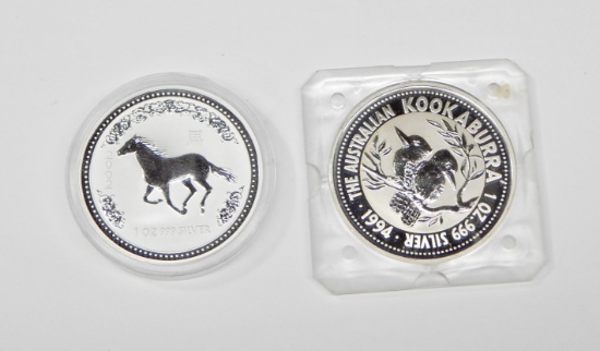 AUSTRALIA - 1994 KOOKABURRA & 2002 YEAR of the HORSE - BOTH 1 TROY OZ .999 SILVER