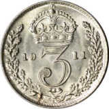 GREAT BRITAIN - 1911 SILVER THREE PENCE - UNCIRCULATED