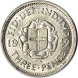 GREAT BRITAIN - 1942 SILVER THREE PENCE - NEARLY UNCIRCULATED
