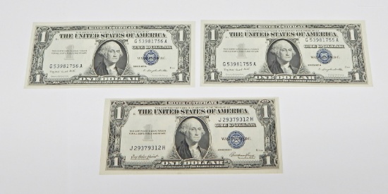 THREE (3) HIGH-GRADE $1 SILVER CERTIFICATES - TWO ARE CONSECUTIVELY NUMBERED