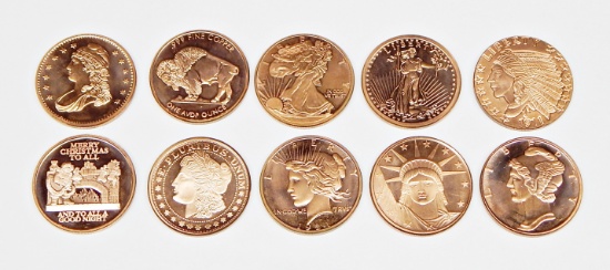 TEN (10) ONE OUNCE COPPER ROUNDS - ALL DIFFERENT THEMES