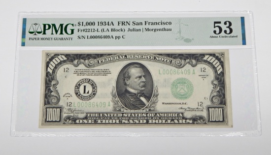 1934A $1000 FEDERAL RESERVE NOTE - FR. 2212L - PMG ABOUT UNCIRCULATED 53
