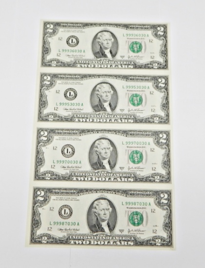 CRISP UNCIRCULATED UNCUT SHEET of FOUR (4) SERIES 2003A $2 NOTES