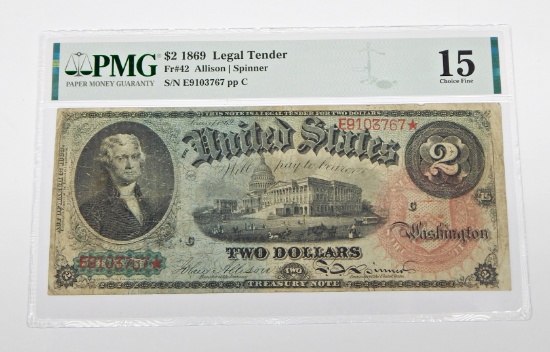 1869 $2 LEGAL TENDER NOTE - FR. 42 - PMG CHOICE FINE 15