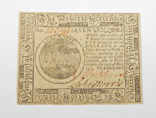 MAY 10, 1775 CONTINENTAL CURRENCY $7 NOTE - SIGNED by MORDECAI LEWIS & LUKE MORRIS