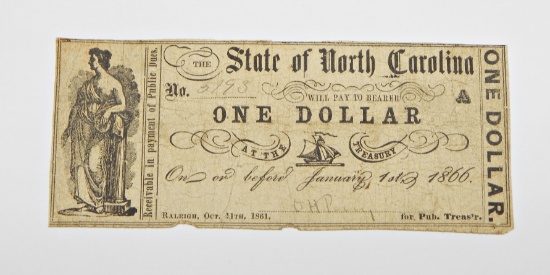 1866 STATE of NORTH CAROLINA ONE DOLLAR NOTE