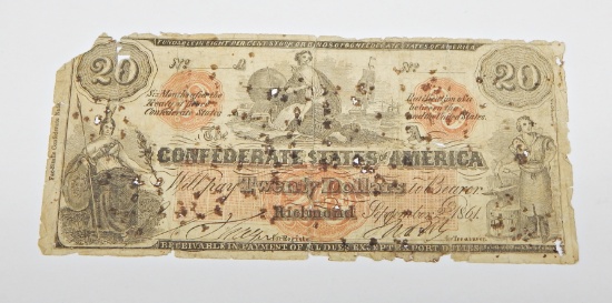 SEPTEMBER 2, 1861 T-19 CONFEDERATE $20 NOTE - LOW GRADE - SCARCE