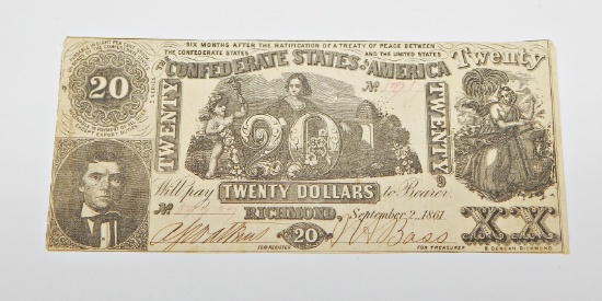 SEPTEMBER 2, 1861 T-20 CONFEDERATE $20 NOTE - VERY FINE