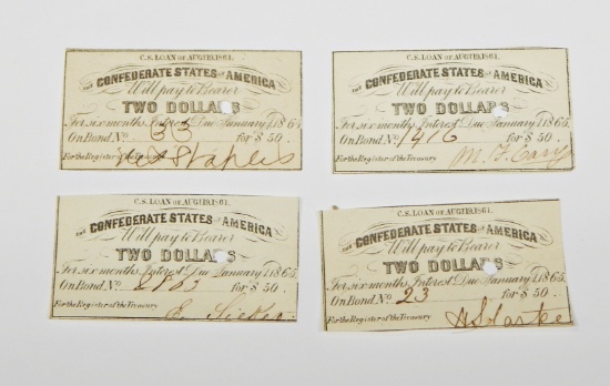 FOUR (4) 1861 CONFEDERATE STATES $2 BOND COUPONS - EACH INDIVIDUALLY HAND-SIGNED