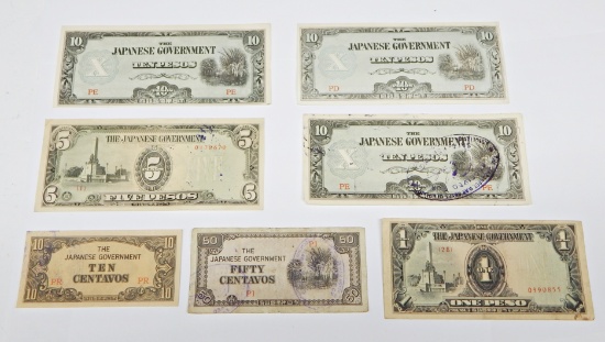 7 JAPANESE WAR NOTES OVERSTAMPED by ASSOC. of PHILIPPINES - 10 CENTAVOS to 10 PESOS