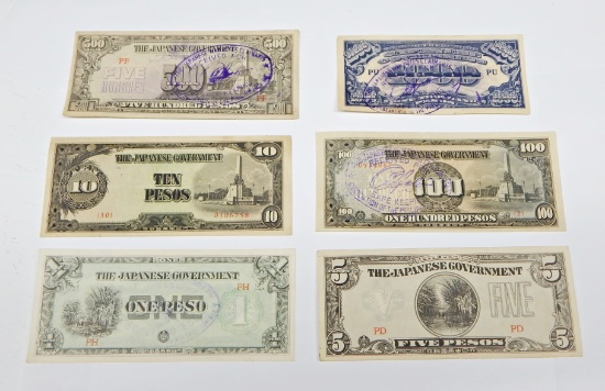 6 JAPANESE WAR NOTES OVERSTAMPED by ASSOC. of PHILIPPINES - 1, 5, 10, 100, 500, 1000