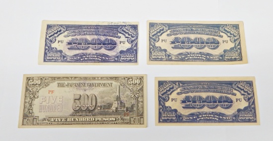 4 JAPANESE WAR NOTES OVERSTAMPED by ASSOC. of PHILIPPINES - 500, (3) 1000