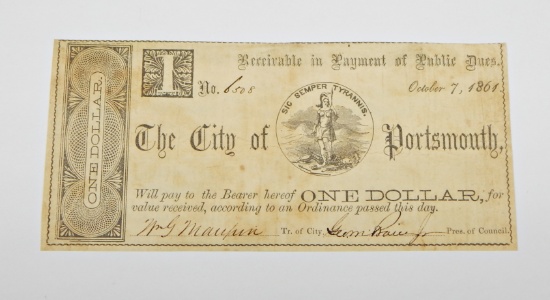 1861 CITY of PORTSMOUTH (VIRGINIA) ONE DOLLAR NOTE - PRINTED on PORTSMOUTH BOND