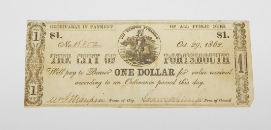 1862 CITY of PORTSMOUTH (VIRGINIA) ONE DOLLAR NOTE