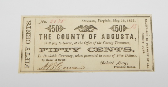 1862 COUNTY of AUGUSTA, STAUNTON, VIRGINIA  50 CENT NOTE