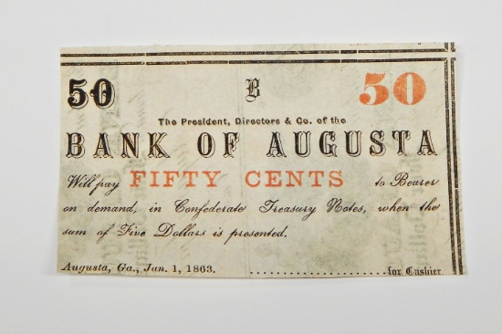 1863 BANK of AUGUSTA, GEORGIA 50 CENT NOTE - PRINTED on OBSOLETE BANK of AUGUSTA NOTE