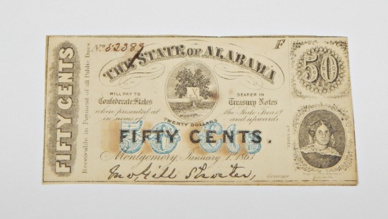 1863 STATE of ALABAMA 50 CENT NOTE