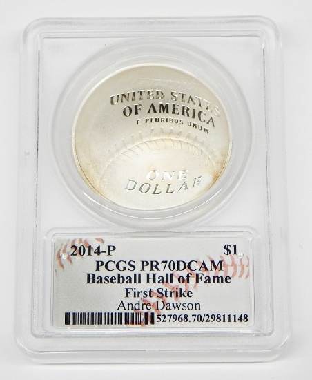 2014-P BASEBALL PROOF DOLLAR - PCGS PR70 DCAM - SIGNED by ANDRE DAWSON