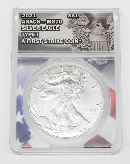 2021 TYPE 1 AMERICAN SILVER EAGLE - ANACS MS70 - FIRST STRIKE - PATRIOTIC HOLDER