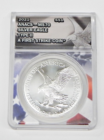 2021 TYPE 2 AMERICAN SILVER EAGLE - ANACS MS70 - FIRST STRIKE - PATRIOTIC HOLDER