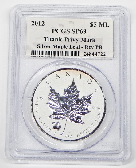 CANADA - 2012 $5 REVERSE PROOF SILVER MAPLE LEAF - TITANIC PRIVY MARK - PCGS SP69