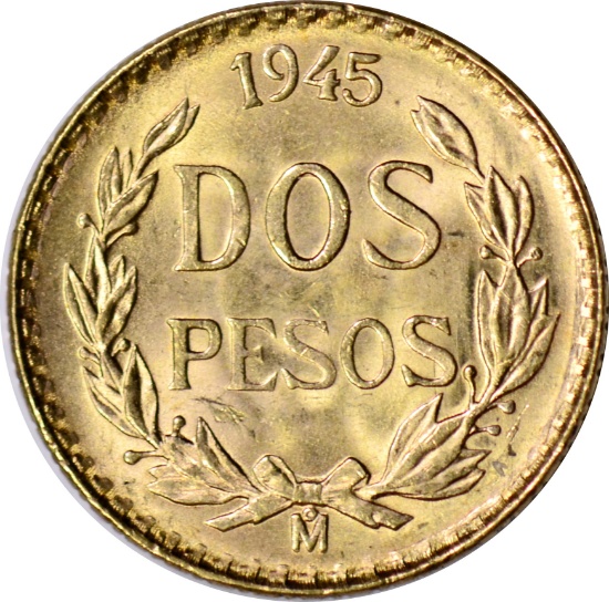 MEXICO - 1945 TWO PESOS GOLD - .0482 TROY OZ ACTUAL GOLD WEIGHT