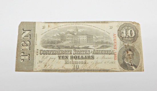 APRIL 6, 1863 $10 CONFEDERATE NOTE - CUT CANCELLED