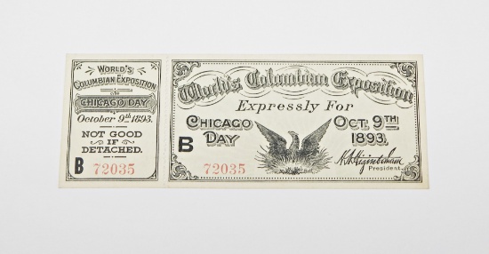 1893 CHICAGO WORLD'S COLUMBIAN EXPOSITION COMPLETE UNUSED CHICAGO DAY TICKET