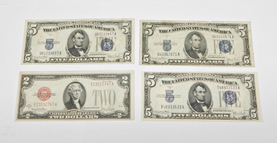 1928G $2 RED SEAL NOTE + (3) 1934D $5 SILVER CERTIFICATES