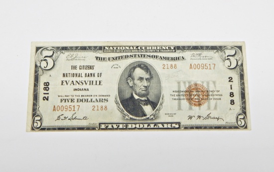 1929 $5 NATIONAL CURRENCY - CITIZEN'S NATIONAL BANK of EVANSVILLE, INDIANA