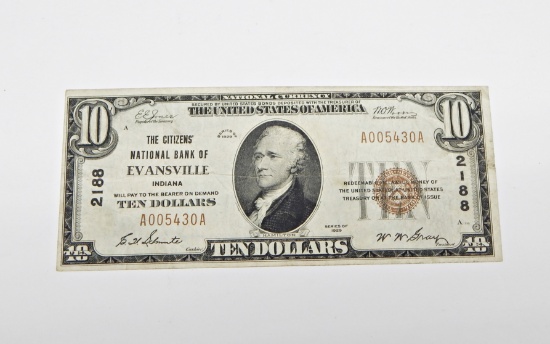 1929 $10 NATIONAL CURRENCY - CITIZEN'S NATIONAL BANK of EVANSVILLE, INDIANA