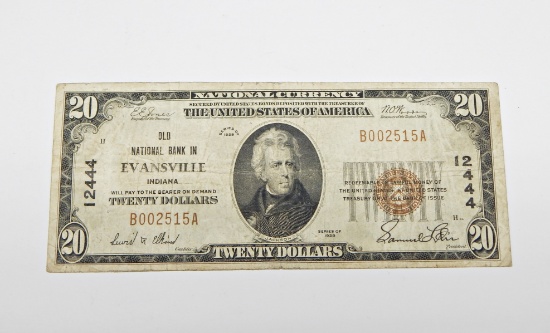 1929 $20 NATIONAL CURRENCY - OLD NATIONAL BANK in EVANSVILLE, INDIANA