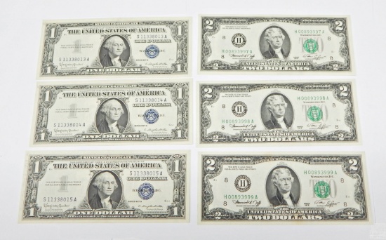 3 CONSECUTIVE UNC 1957 $1 SILVER CERTIFICATES and 3 CONSECUTIVE UNC 1976 $2 NOTES