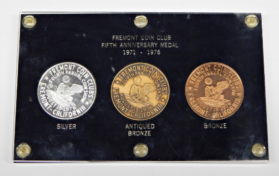 1976 FREMONT COIN CLUB THREE MEDAL SET - SILVER, ANTIQUE BRONZE, BRONZE