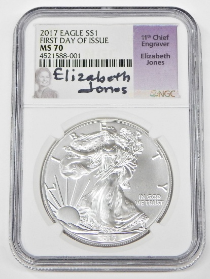 2017 SILVER EAGLE - NGC MS70 - SIGNED BY ELIZABETH JONES, CHIEF ENGRAVER