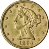 1894 $5 LIBERTY HEAD GOLD PIECE - AU