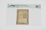 1773 PENNSYLVANIA 20 SHILLINGS COLONIAL NOTE - PMG ABOUT UNCIRCULATED 55