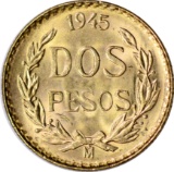 1945 MEXICO TWO PESOS GOLD - .0482 TROY OZ ACTUAL GOLD WEIGHT