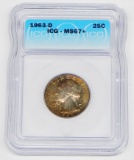 1963-D WASHINGTON QUARTER - ICG MS67+ - ATTRACTIVELY TONED