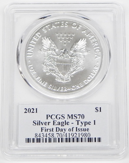 2021 TY 1 SILVER EAGLE - PCGS MS70 - 1ST DAY OF ISSUE - SIGNED by THOMAS CLEVELAND