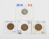 THREE (3) 1909 VDB LINCOLN CENTS and 1910 BARBER DIME