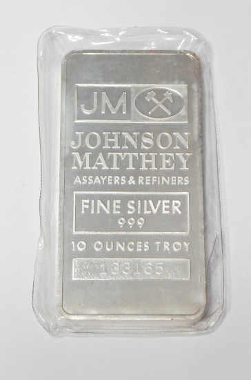 RARE JOHNSON MATTHEW 10 OZ SILVER BAR - 3 FULL LOGOS on REVERSE