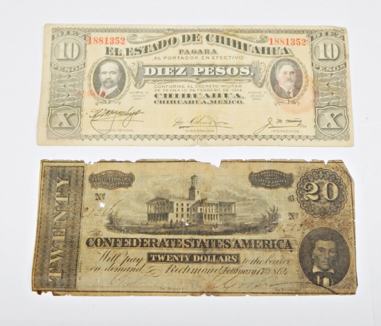 FEBRUARY 17, 1864 CONFEDERATE $20 NOTE and 1915 CHIHUAHUA, MEXICO 10 PESOS NOTE
