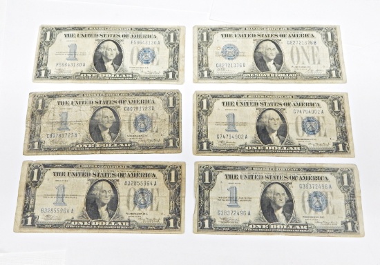 SIX (6) $1 FUNNYBACK SILVER CERTIFICATES - (1) SERIES 1928A, (5) SERIES 1934