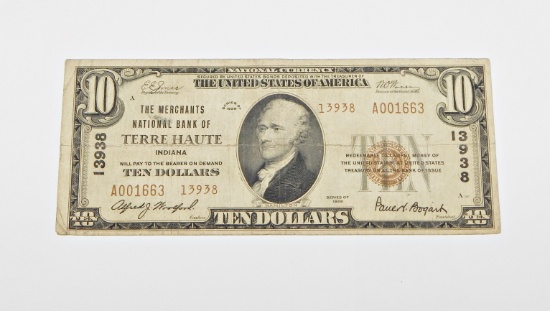 1929 $10 NATIONAL CURRENCY - MERCHANT'S NATIONAL BANK of TERRE HAUTE INDIANA