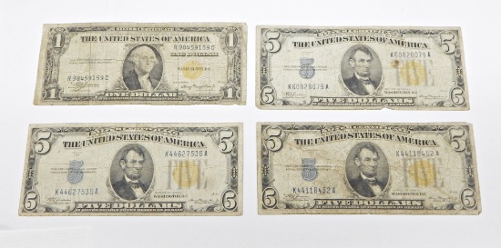 FOUR (4) WWII YELLOW SEAL NORTH AFRICA NOTES - 1935A $1, (3) 1934A $5